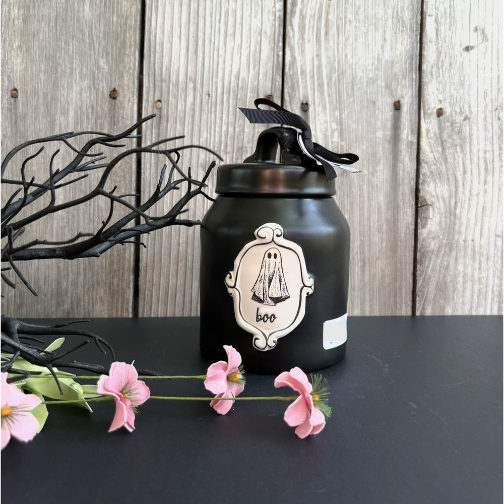 RAE DUNN Artisan Halloween Collection Black "Boo Jar"w/Ghost. Med. Canister NWT